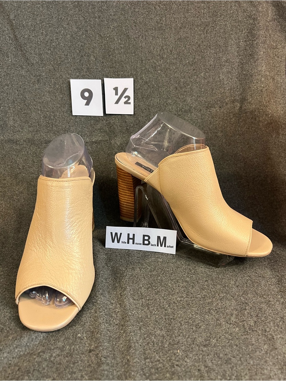 WHBM Beige Peep-Toe Leather Block Heel Mules - Women